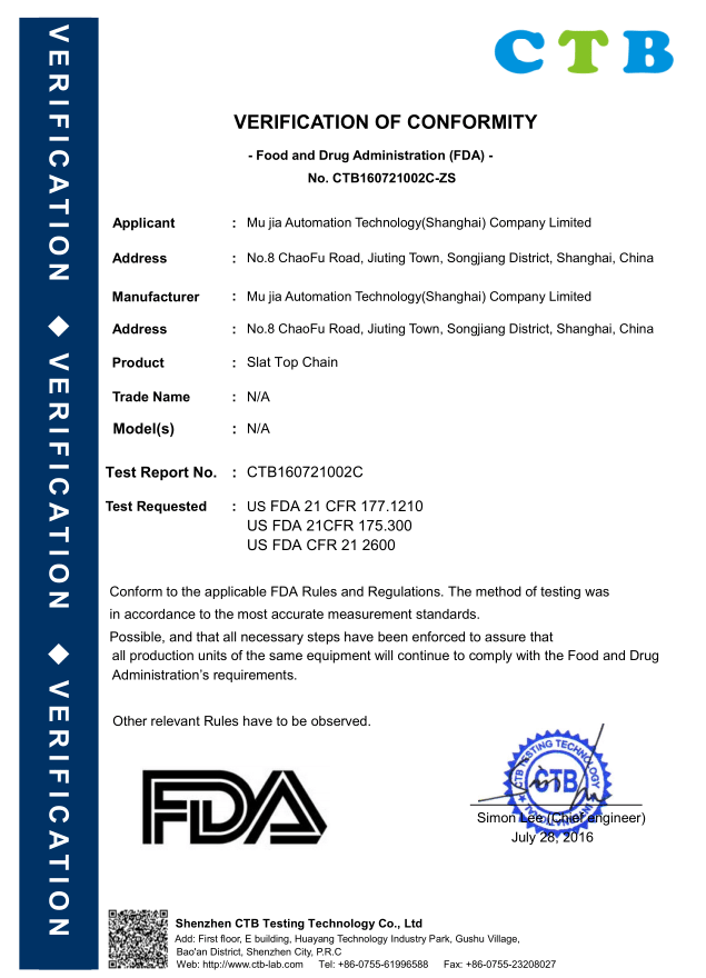 FDA Certification-Slat top chain& Modular Belt